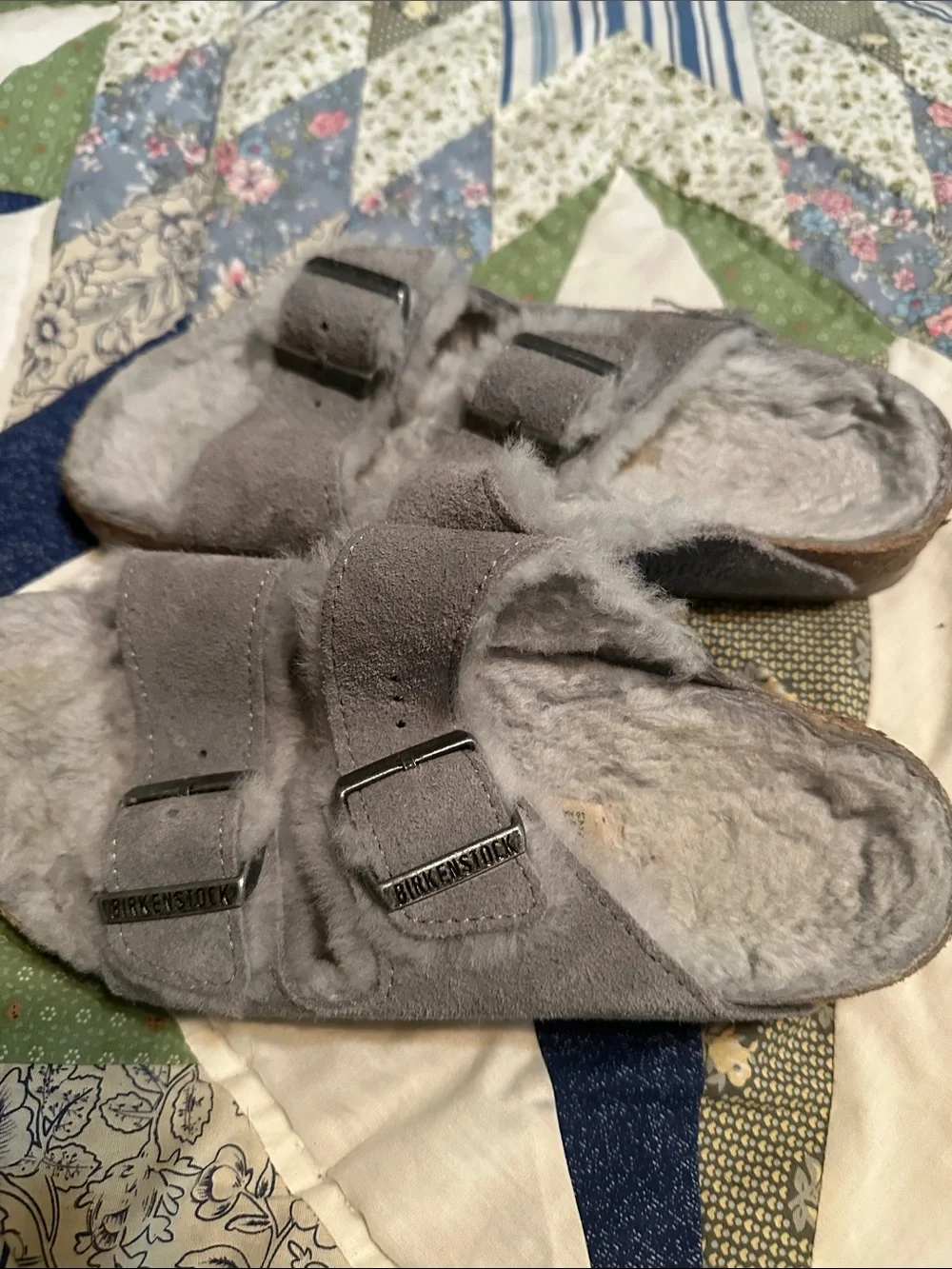 Womens Birkenstock Cozy Faux-Fur Lined Gray Slide Sandals